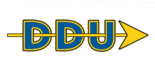 a blue and yellow logo for ddu with an arrow