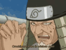 a cartoon of a man with a beard wearing a helmet and a headband with a naruto logo on it .