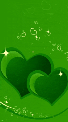 two green hearts on a green background with white hearts and stars