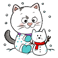 a cartoon drawing of a cat holding a snowman with a scarf on it