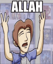 a cartoon of a man with his arms in the air and the word allah above him .