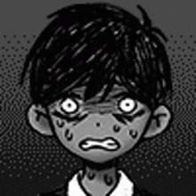 a black and white drawing of a boy with a very angry face .