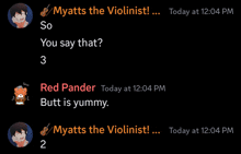 a screenshot of a chat between myatts the violinist and red pander