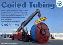 an advertisement for coiled tubing shows a large spool of tubing being lifted by a crane