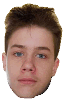 a close up of a young man 's face with a white background