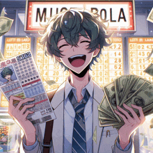 a man is holding a lottery ticket and money in front of a sign that says musola