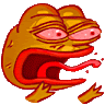 a yellow frog with red eyes and a red tongue is screaming with its mouth open .