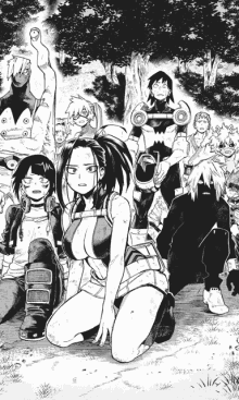 a black and white drawing of a group of anime characters standing next to each other