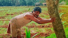 a man leaning against a tree trunk in a field