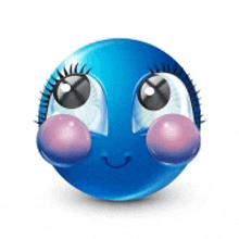 a blue smiley face with pink bubbles on its eyes