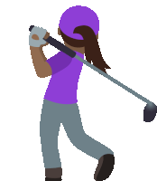 a woman in a purple shirt and purple hat is swinging a golf club