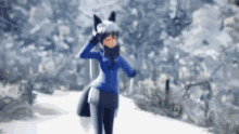 a girl with a fox tail is standing in the snow wearing a blue jacket