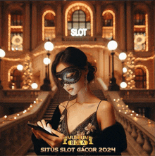 a woman wearing a mask is looking at her cell phone in front of a building that says slot