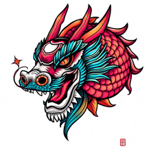 a colorful drawing of a dragon 's head with a red tail