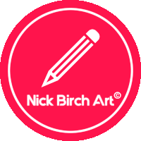 a red logo for nick birch art with a pencil in the center