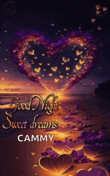 a good night sweet dreams card with a heart made of hearts on the beach