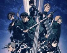 a group of anime characters are standing next to each other holding weapons .