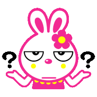 a pink bunny with a flower on her head has a question mark behind her