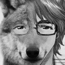 a black and white drawing of a man and a wolf with glasses .