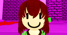 a cartoon girl with red hair is smiling in front of a purple brick wall