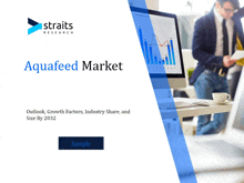 a straits research report titled aquafeed market shows a man standing in front of a computer