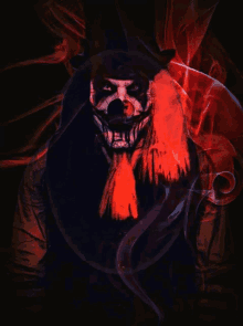 a scary clown with a top hat and scarf is surrounded by red smoke