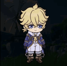 a little boy with blonde hair and blue eyes is standing in a field in front of a windmill .