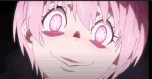 a close up of a pink haired anime character with pink eyes