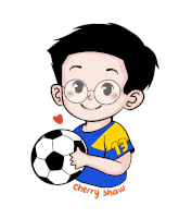 a cartoon of a boy holding a soccer ball with the name cherry shaw written below him