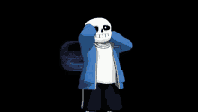 a cartoon skeleton wearing a blue jacket and black shorts covering his ears