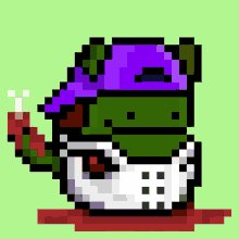 a pixel art image of a frog wearing a purple hat