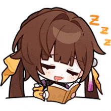 a cartoon girl is reading a book while sleeping .