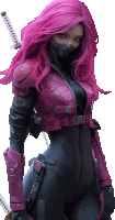 a woman with pink hair is holding a samurai sword