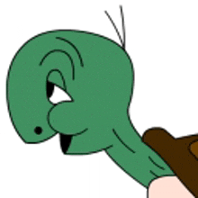 a cartoon turtle with a long neck and a brown shell .