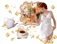 a woman in a white dress drinking a cup of tea