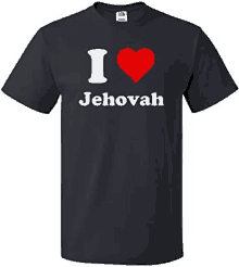 a black t-shirt that says `` i love jehovah '' with a red heart in the middle .