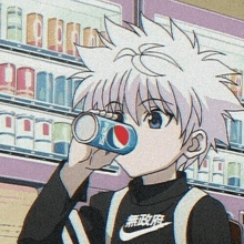 a boy is drinking a can of pepsi in front of a vending machine .