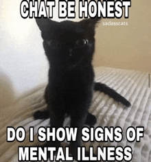 a black cat is sitting on a bed with a caption that says chat be honest do i show signs of mental illness .