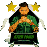 a man with a beard is surrounded by stars and the word arab town