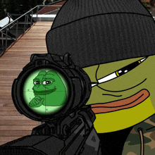 a cartoon frog is looking through a sniper scope with the number 10 on it