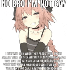 a picture of an anime girl with a caption that says no bro i 'm not gay