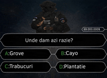 a computer screen shows a soldier with a gun and the question " unde dam azi razie "