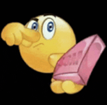 a cartoon smiley face is holding a pink block of coal .