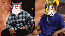 a man in a plaid shirt sits next to a man in a blue shirt with a bunny mask on his face