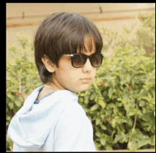 a young boy wearing sunglasses and a blue hoodie looks over his shoulder