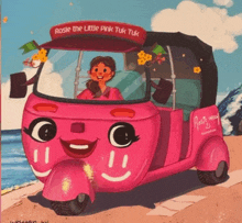 a cartoon illustration of rosie the little pink tuk tuk on the beach