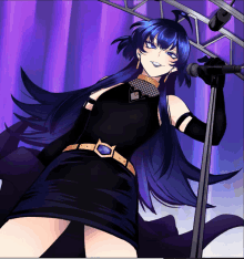 a girl with blue hair is singing into a microphone