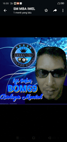 a man wearing sunglasses and a logo for bomb69