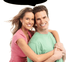 a man and woman are hugging and smiling with a speech bubble above them