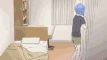 a girl with blue hair is standing in a room with a bed